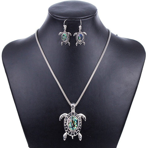 Jewelry Set - Green Turtle Necklace And Earrings Set