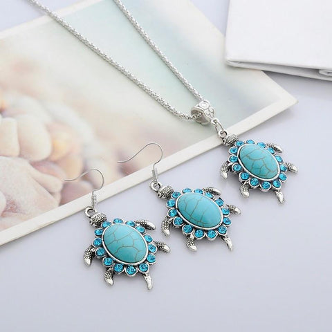 Jewelry Set - Turquoise Rhinestone Turtle Necklace And Earrings Set