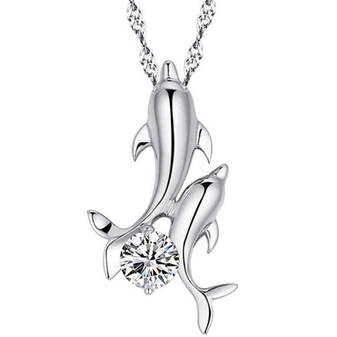 Necklace - Double Dolphin Silver Rhinestone Necklace