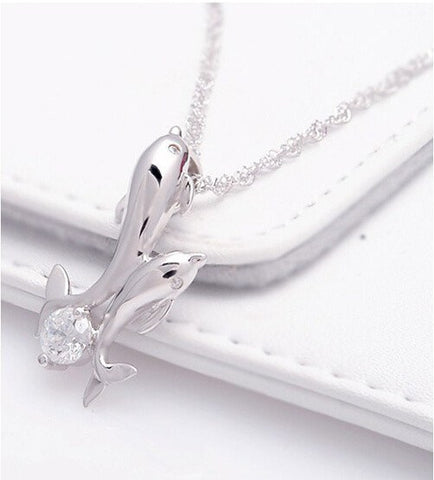 Necklace - Double Dolphin Silver Rhinestone Necklace